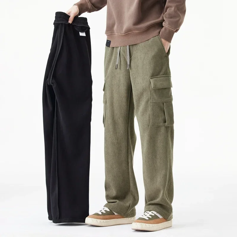 Winter Woolen Cargo Pants Thickened Men Casual Pants Solid Trousers Straight Leg Outdoors Streetwear Comfortable Fabric Unisex