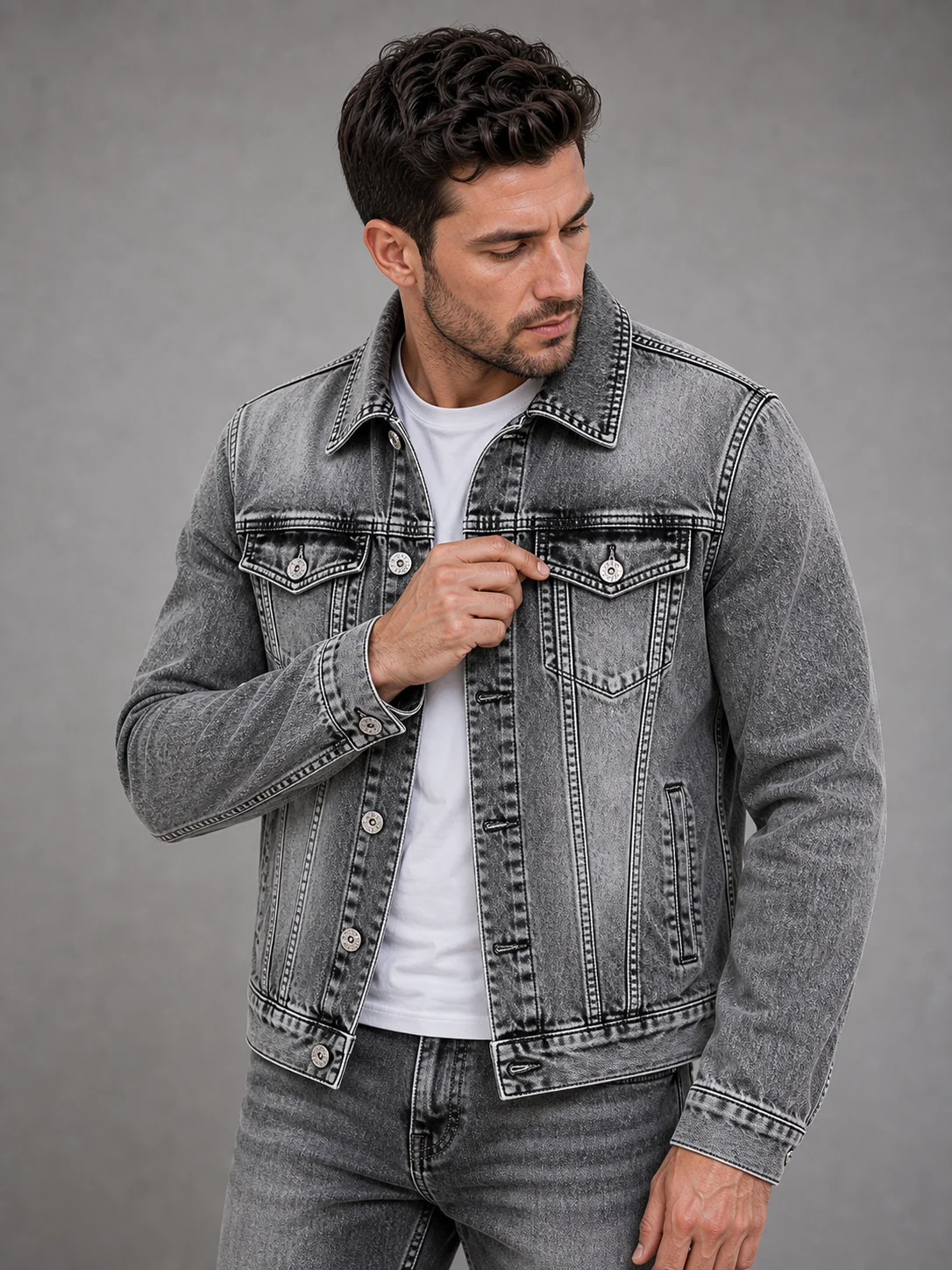 Autumnmen's Wear Motorcycle Denim Slims Your Silhouette Smooths Your Slim Fit Korean Style Denim Jacket Long Sleeve Pants