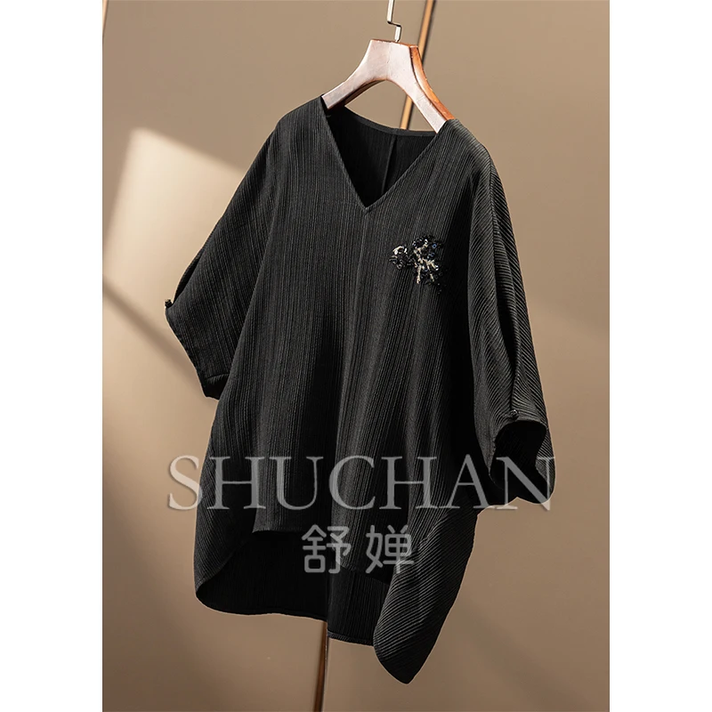 New Bead Embroidery Silk Smooth Crepe Loose Bat Shirt Women 86A7 Blusas De Verano Mujer  Women Tops