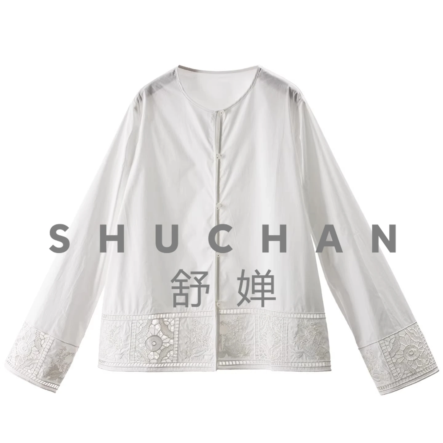 

Streamlined Intellectual Pure Cotton Hollow Beads Embroidered Round Neck White Shirt Women 34K1