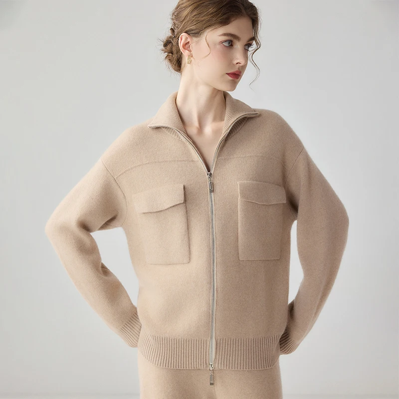 Women's 100% Cashmere Cardigan Sweater High Funnel Collar Zipper Front Dual Cargo Patch Pockets Mellow Minimal Knit Outerwear