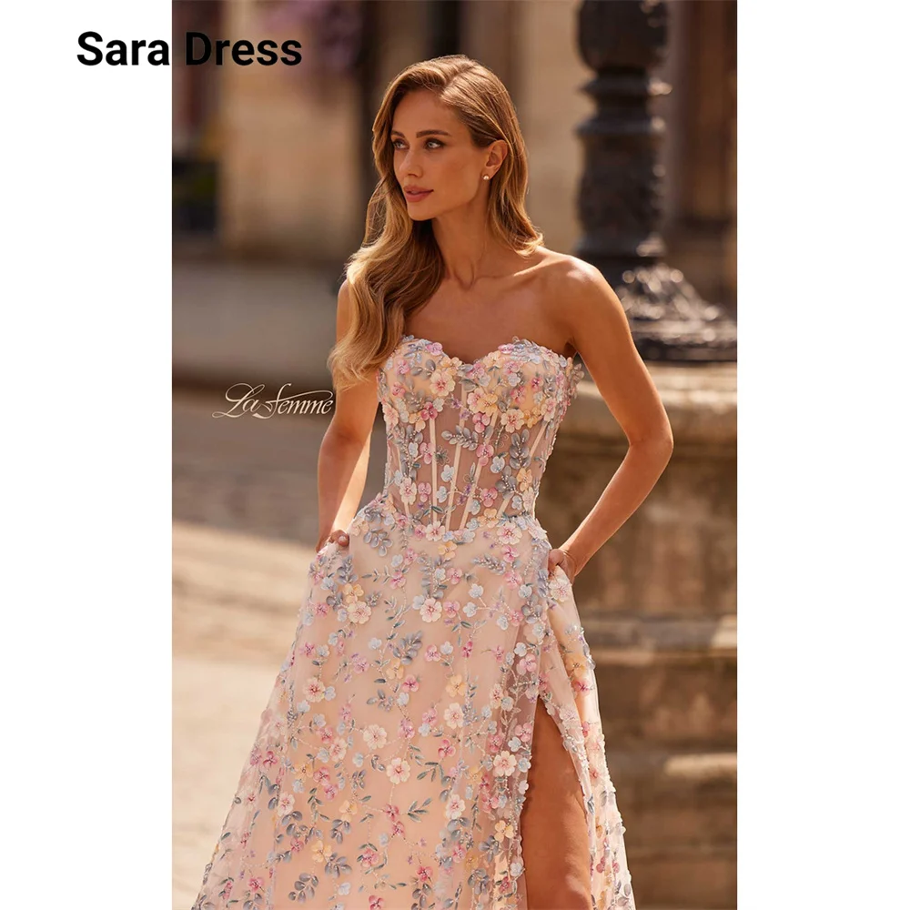 Sara Custom Side Slit Floral Lace Sleeveless Floor Length Prom Dress 2026 Women's Evening Dresses Brands Amanda Novias Official