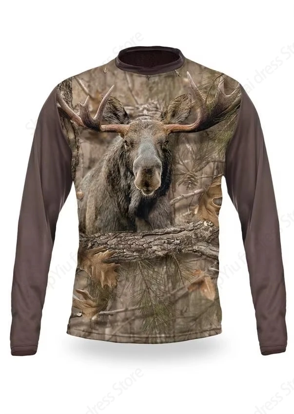 Mens Long Sleeve T-shirt 3D Hunting Animal Rabbit Elk Print T-shirts Outdoor Sports T Shirt Camp Tshirt Camouflage Tops Tees Gym