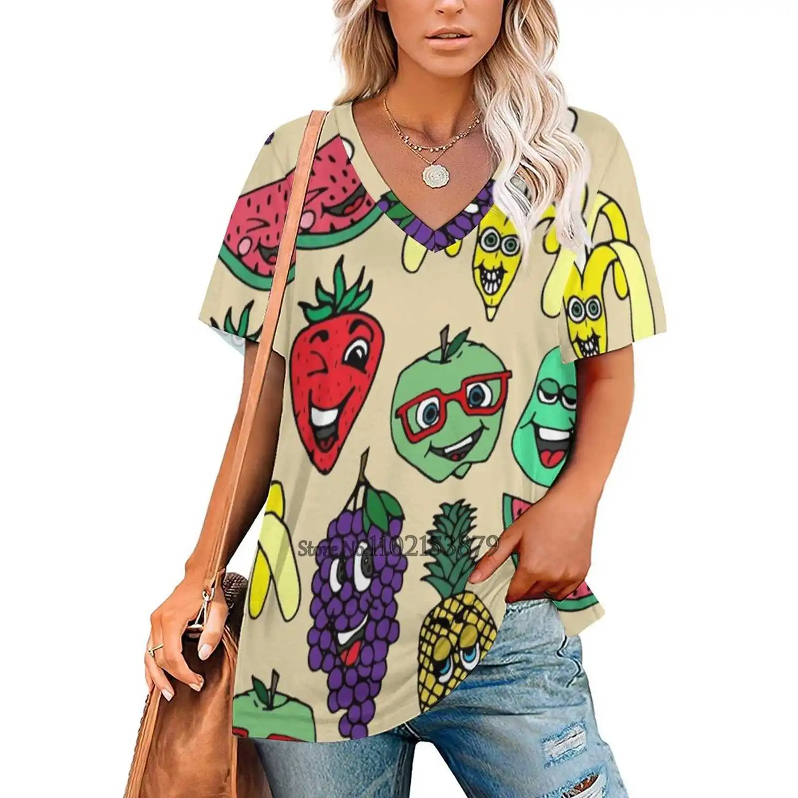 Funny Cute Fruit Illustrations Pattern Women V Neck T-Shirt Casual Sexy T Shirts Hollow Out Zipper Pullover Top Fruit Foodie