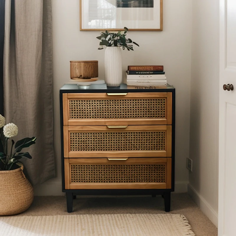 

American retro black three-bucket cabinet bedroom rattan bedside table modern simple light luxury drawer type locker side cabine