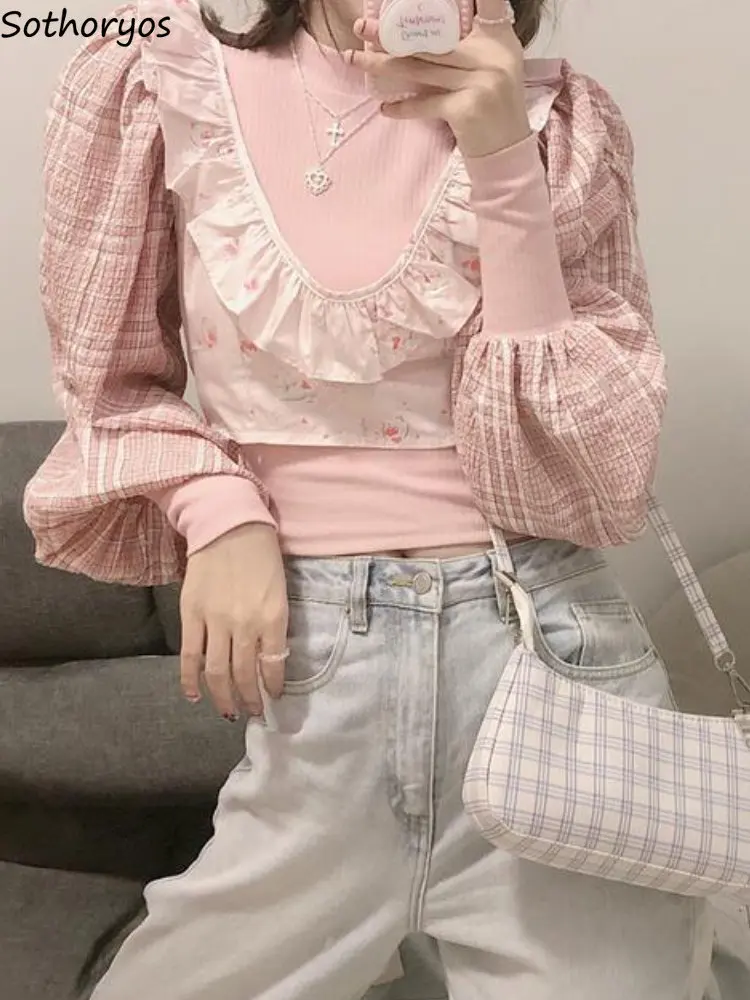 Conjunto de blusas de manga abullonada para mujer, blusas femeninas de estilo Retro coreano, estampadas para uso diario, Kawaii, elegantes, de diseñador