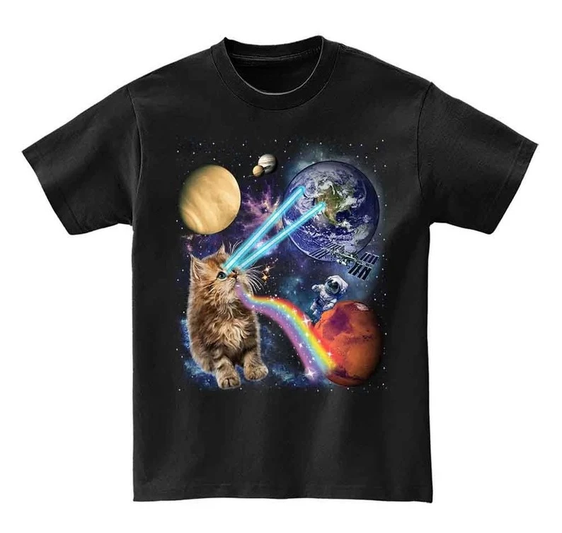 Fashion Fluffy Kitten Shooting Laser, Regenbogen, Weltraumgalaxie, Katze – Kurzarm Unisex, Herren, Damen, Jugend-T-Shirt – PrintStarTee