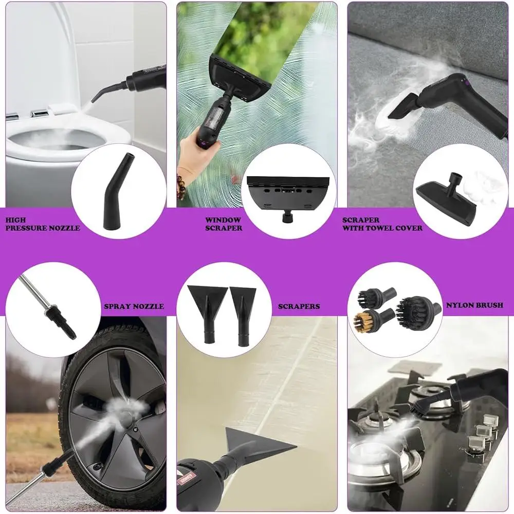 منظف البخار المحمول 3 مستويات مقبض قابل للتعديل 1500 واط تسخين سريع يصل 10 ملحقات تنظيف متعدد الأسطح سيارة منزلية مثالية