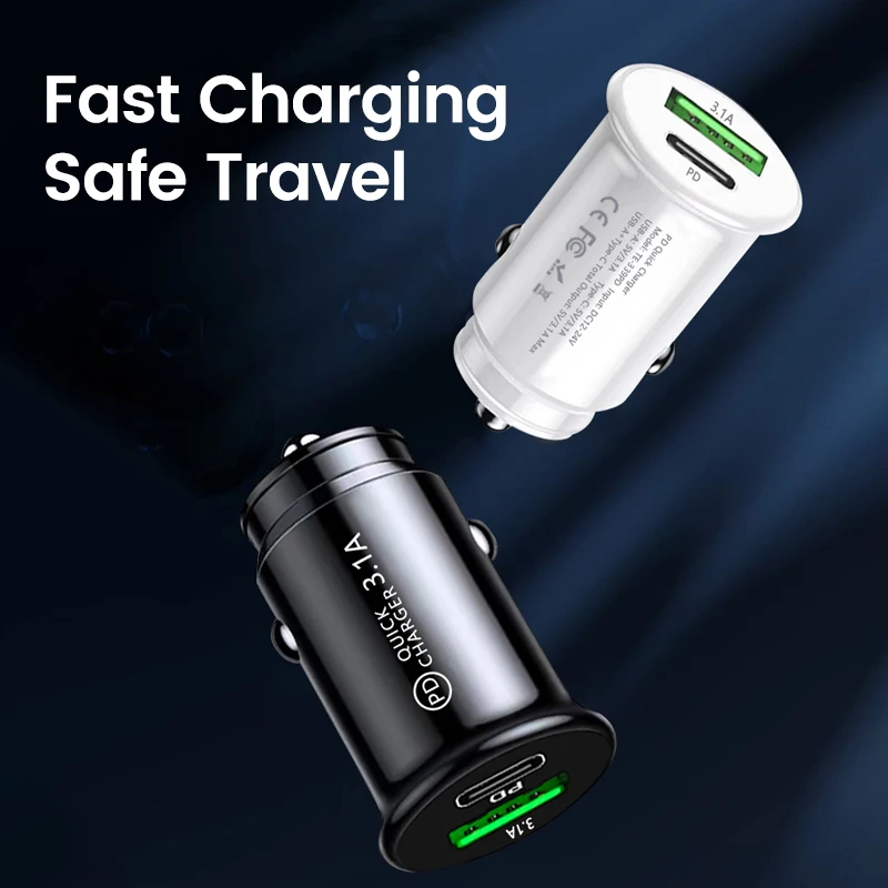 Mini USB Car Charger Quick Charge 3.0 PD 20W Car Lighter Slot Fast Charging Charger For iPhone Huawei Xiaomi Mi Type C Phone