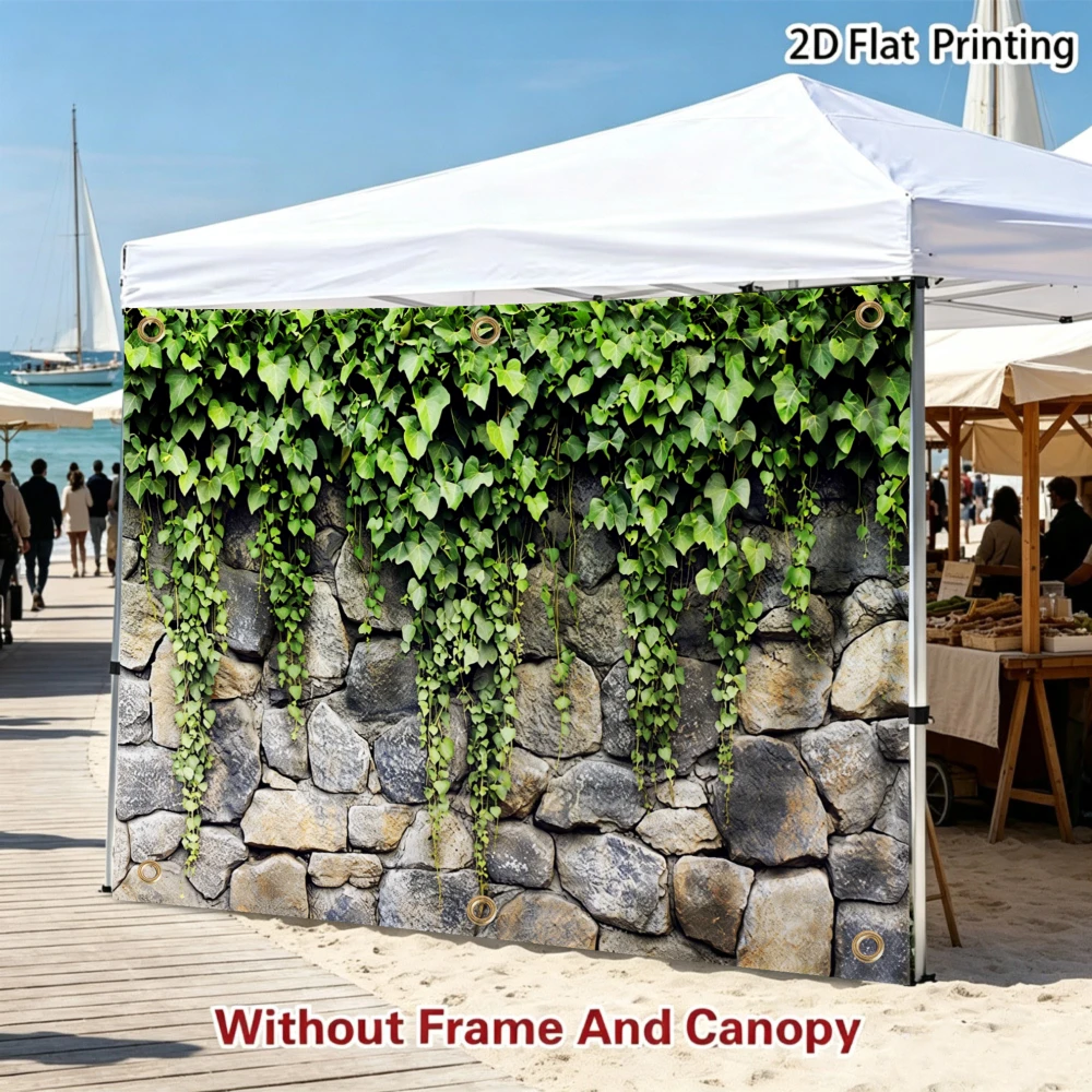 1pc 2D Printed Sidewall Sun Shelter with Green Ivy Leaves On Stone Wall Pattern Print, RV camping, road trip camping Decor