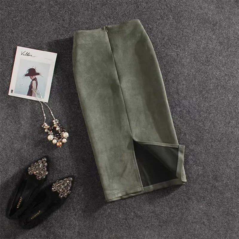 Autumn Winter High Waist Bodycon Vintage Suede Split Thick Stretchy Skirts Women Skirts Suede Solid Color Pencil Skirt Female