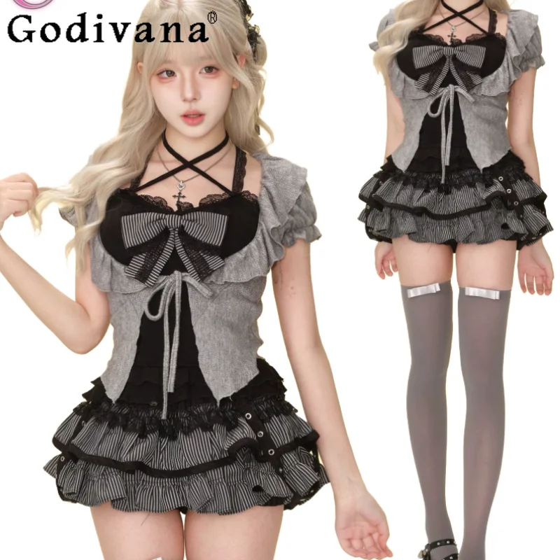 Summer Sweet Gothic Dark Black Gray Lace-up Top Long Sleeve Knitted Cardigan Short Plaid Fashion High Waist A-line Cake Skirt