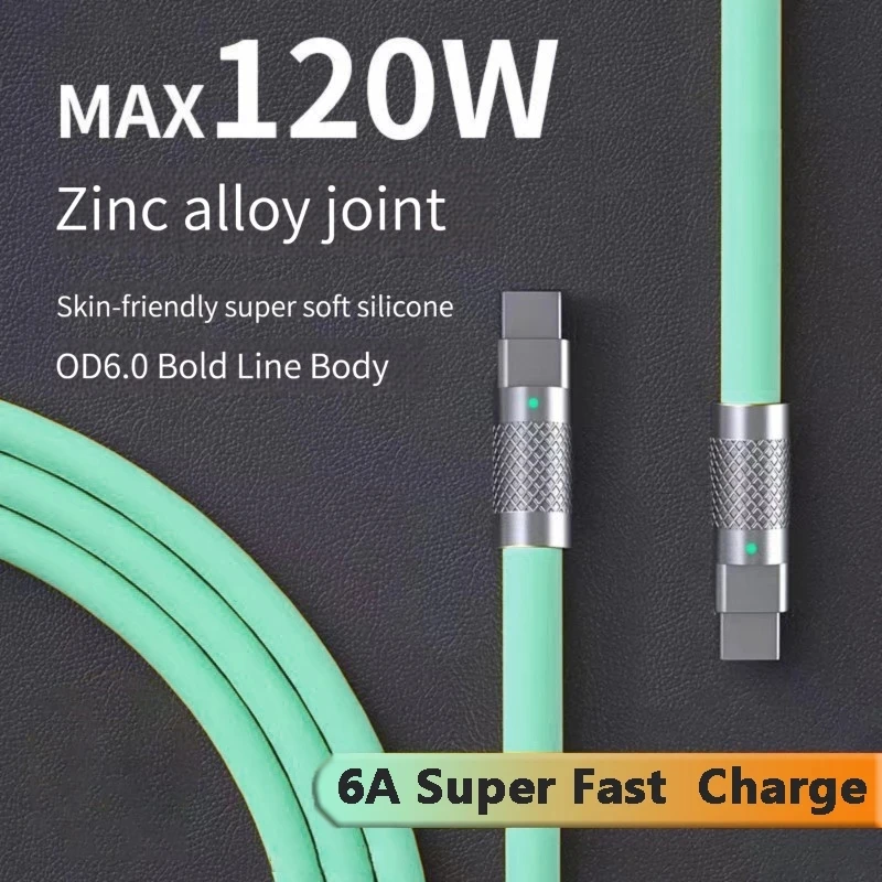 120W 6A Super-Charge USB-C to USB Type C Cable Soft Silicone Type-C Fast Charging Cable Wire For Xiaomi Huawei Quick Charge Cord