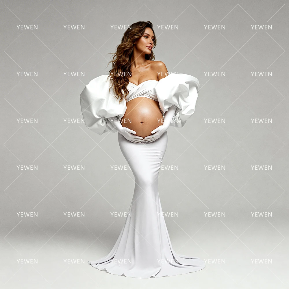 Maternity Dress Photoshoot White Satin Oversized Puffed Sleeve Crisscross Bust Elegant Pregnant Dress for Baby Shower YW2603101D