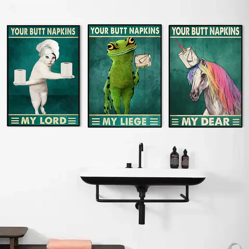 Vintage Funny Toilet Animals Holding Butt Napkins Poster Print Amusing Toilet Paper Canvas Painting Wall Art Bathroom Home Decor