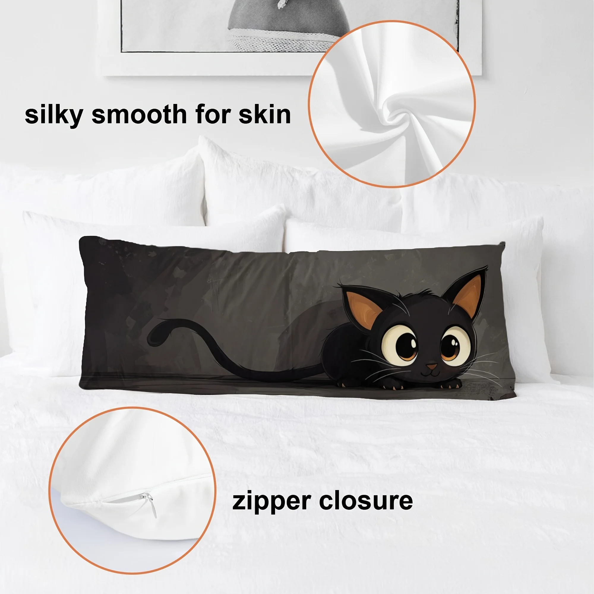 1pc Extra Long Cat Pillow Case - Cute black kitty Cushion Cover, Soft Zippered Bed Sofa Decor, Flip-Design Pillowcase for Modern