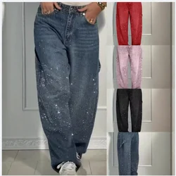 Wide Leg Lady Jeans Diamonds Denim Straigt High Waist Zipper Female Pants 2025 Fashion Pockets Street Lady Trouser