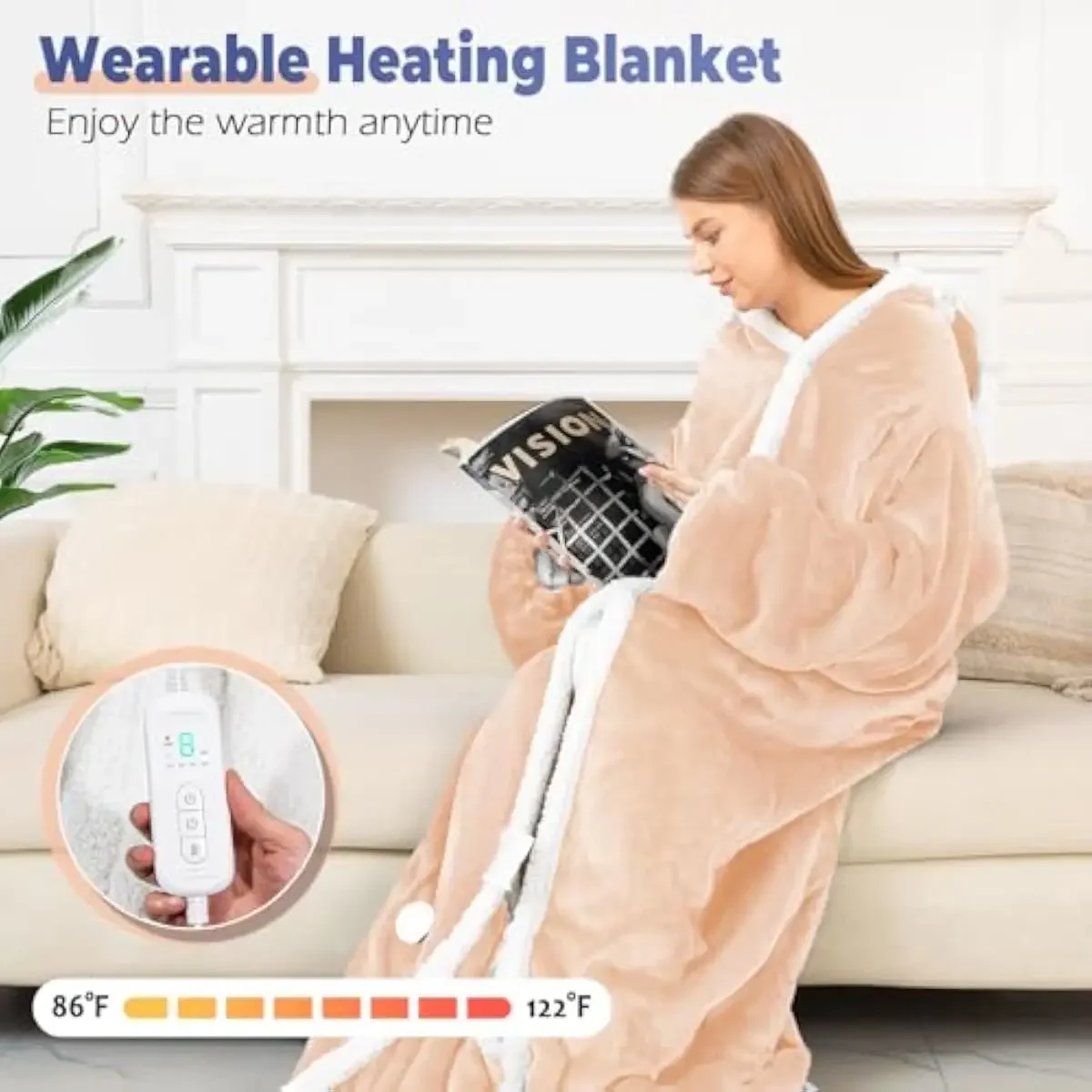 Wearable Electric Blanket with Hood Sleeves and Foot Pockets, 8-Temperature Zones 86-122°F, Adjustable 1-10 Hour Auto-Off, Dual-