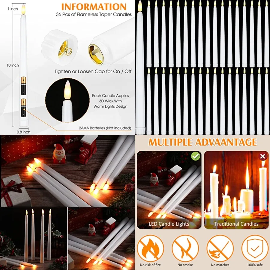 36 Pieces Flameless Taper Candles Battery Operated Bulk 11