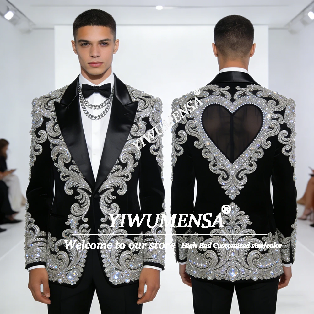 

Luxury Beaded Stones Suit Men Slim Fit Single Breasted Jacket Pants 2 Pieces Sets Cut-Out Prom Blazers Customized Groom Tuxedo