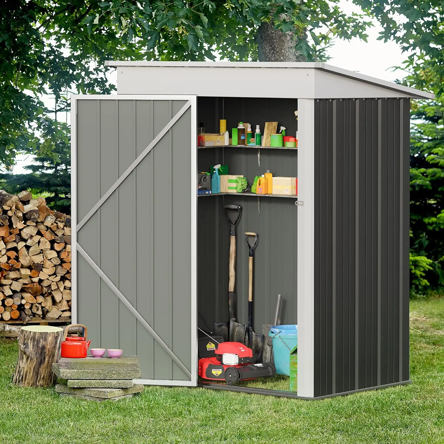 Outdoor Storage Shed, 5 x 3 FT Metal Garden & Outdoor Storage House Tool Shed with Single Lockable Door for Backyard(Grey)