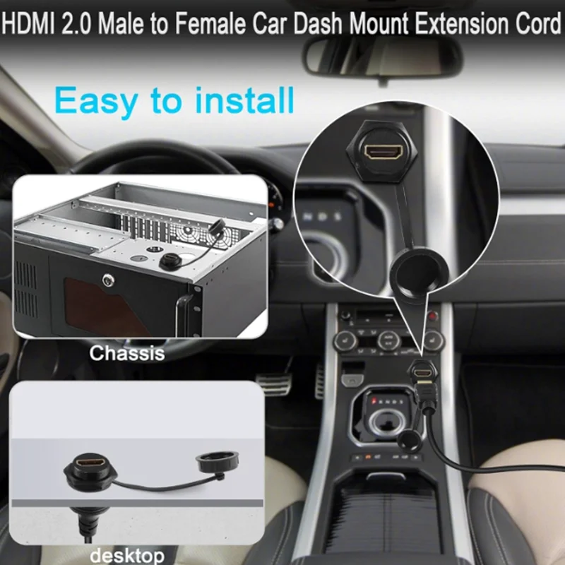 0.3m 4K HDMI Threaded Fixed Mount HD Display Waterproof Cable HDMI 2.0 Male to Female Car Dash Mount Extension Cord