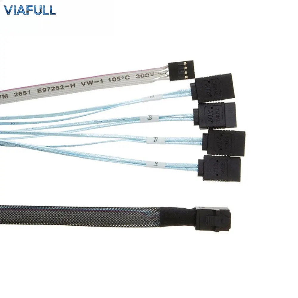 Mini SAS HD SFF-8643 to 4 SATA Cable with Sideband, SAS 3.0 Breakout Adapter, Copper Server Storage High-Speed Cord 0.5M 1M