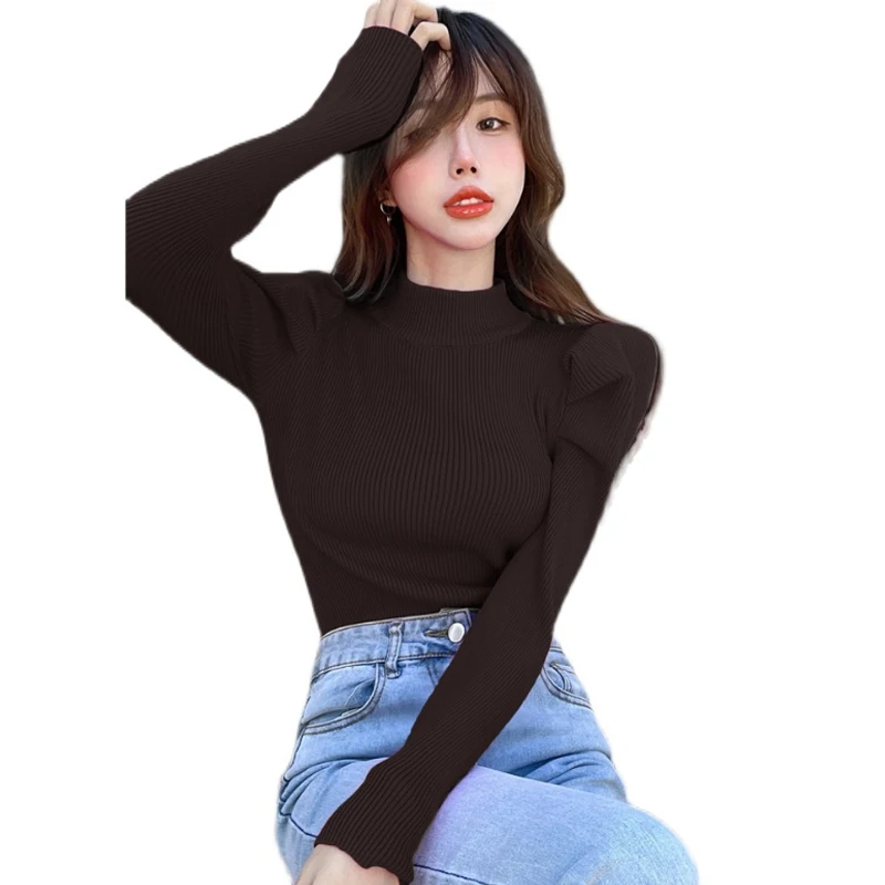 Vintage Puff Long Sleeve Turtleneck Knitted Sweater Pullovers Girls Solid Stretchy Streetwear Winter Thick Tops Jumpers Women