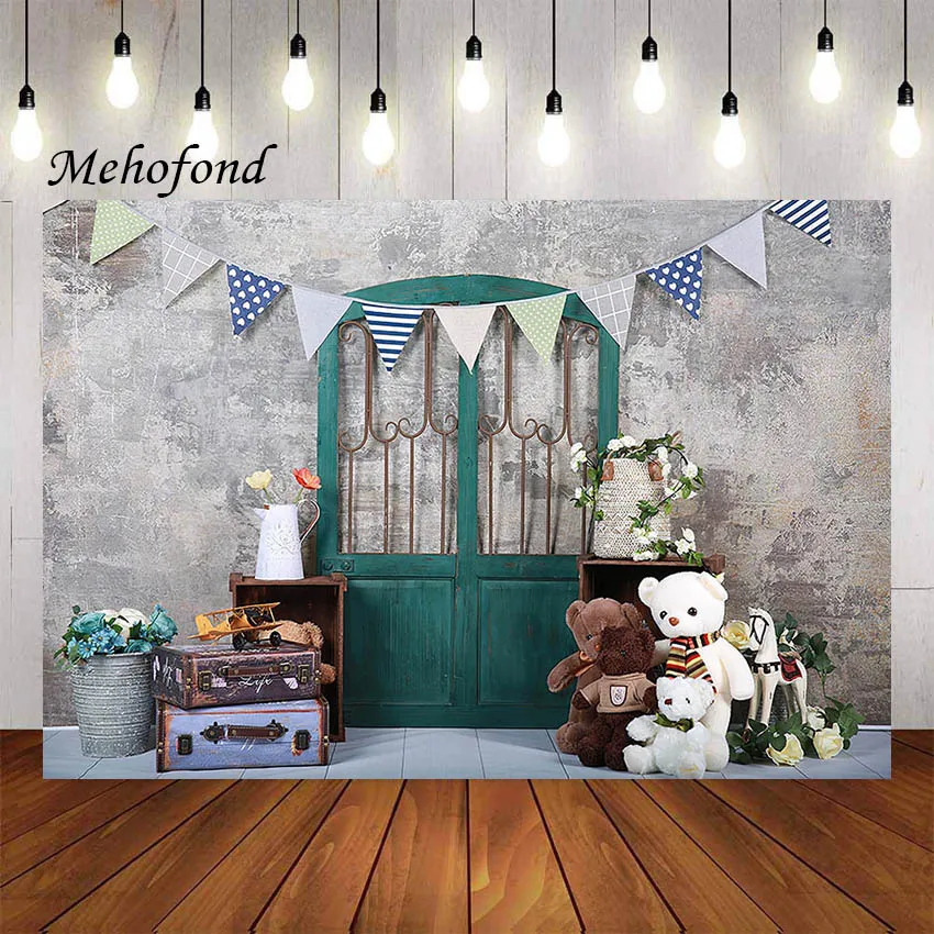 

Mehofond Photography Background Vintage Grey Cement Wall Bear Suitcase Flower Kid Birthday Cake Smash Decor Backdrop Photo Studi