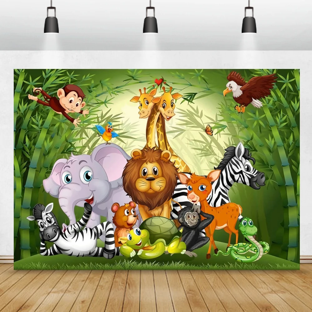 Jungle Safari Birthday Backdrops Baby Cartoon Party Forest Animal Grass Baby Portrait Poster Photo Background Photo Studio image 3