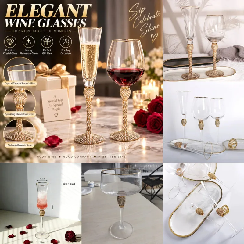 Elegant Crystal Champagne Flute Rhinestone Gold Rim, Long Stem Wine Goblet, Cocktail Glass Wedding Home Bar Decoration Gift Set