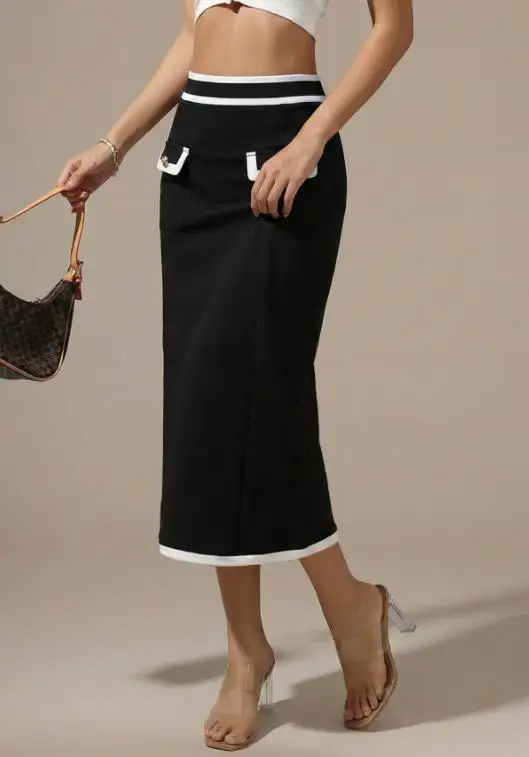 Gonna da donna 2025 Estate Nuovo pendolarismo Stile elegante Gonna di media lunghezza Vita alta Slim Fit Borsa di colore a contrasto Mezza gonna