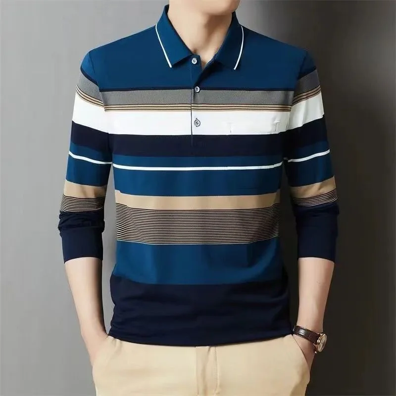 Middle-aged Men's Pocket Long Sleeve New Autumn Pure Cotton Striped Lapel Polo Loose Top Daddy Thin Style