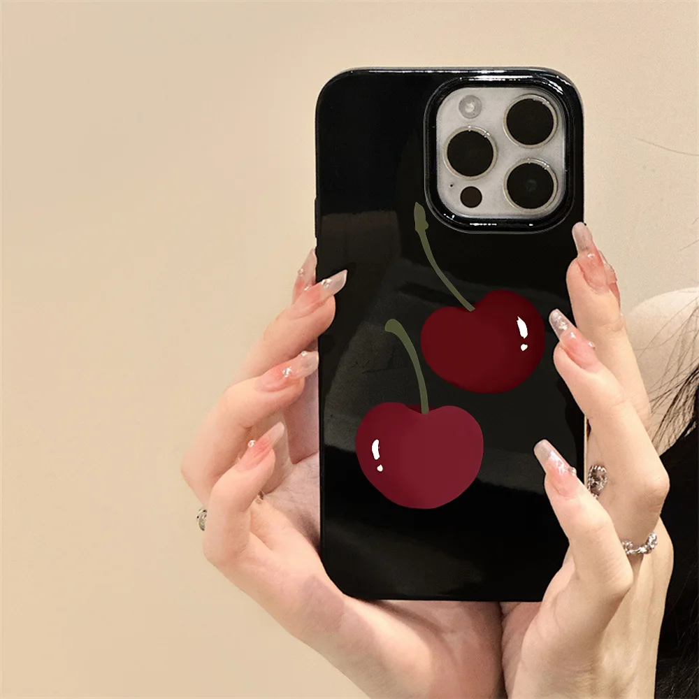 Red Cherry Gloss Black Simple Phone Case For iPhone 11 12 13 14 15 16 Pro Max X XR XS Max 7 8 Plus SE Soft Silicone Cover Fundas