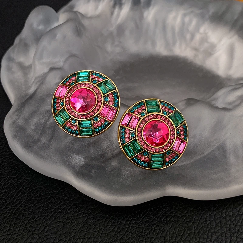 Two-piece Women Jewelry Sets Rhinestone Round Earrings Necklace Set Retro Light Luxury Emerald Exaggerated Accessories view 6