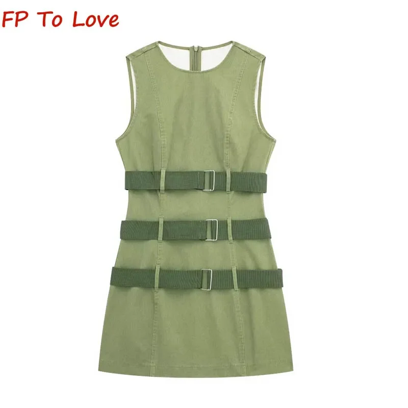 Pullover Round Neck Sleeveless Vest Dress PB&ZA Woman Spice Girls Workwear Army Green Belt Trim Vest Dress 5427301