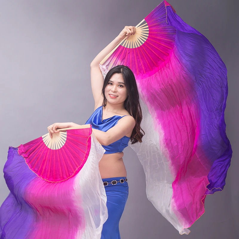 For Belly Dance Stage Performance Accessories One Pair Left Hand And Right Hand 100% Pure Real Silk Folding Long Bamboo-Ribs Fan