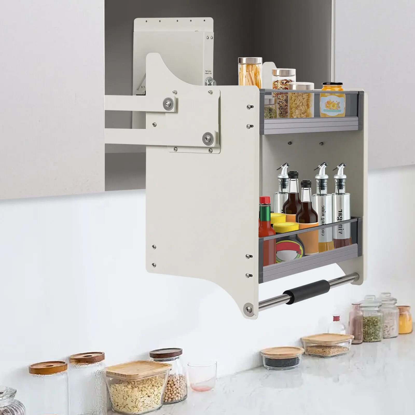 2-Tier Upper Cabinet Pull-Down Rack Labor-saving Storage Rack Minimalist Appearance Cabinet Organizer With Raised Guardrails