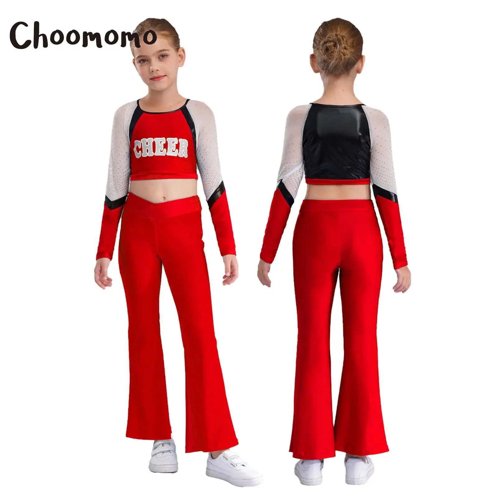 

Детский наряд для черлидинга для девочек, танцевальная форма, сетчатый топ со стразами и длинными рукавами, укороченный топ с буквенным принтом и брюки, наряды