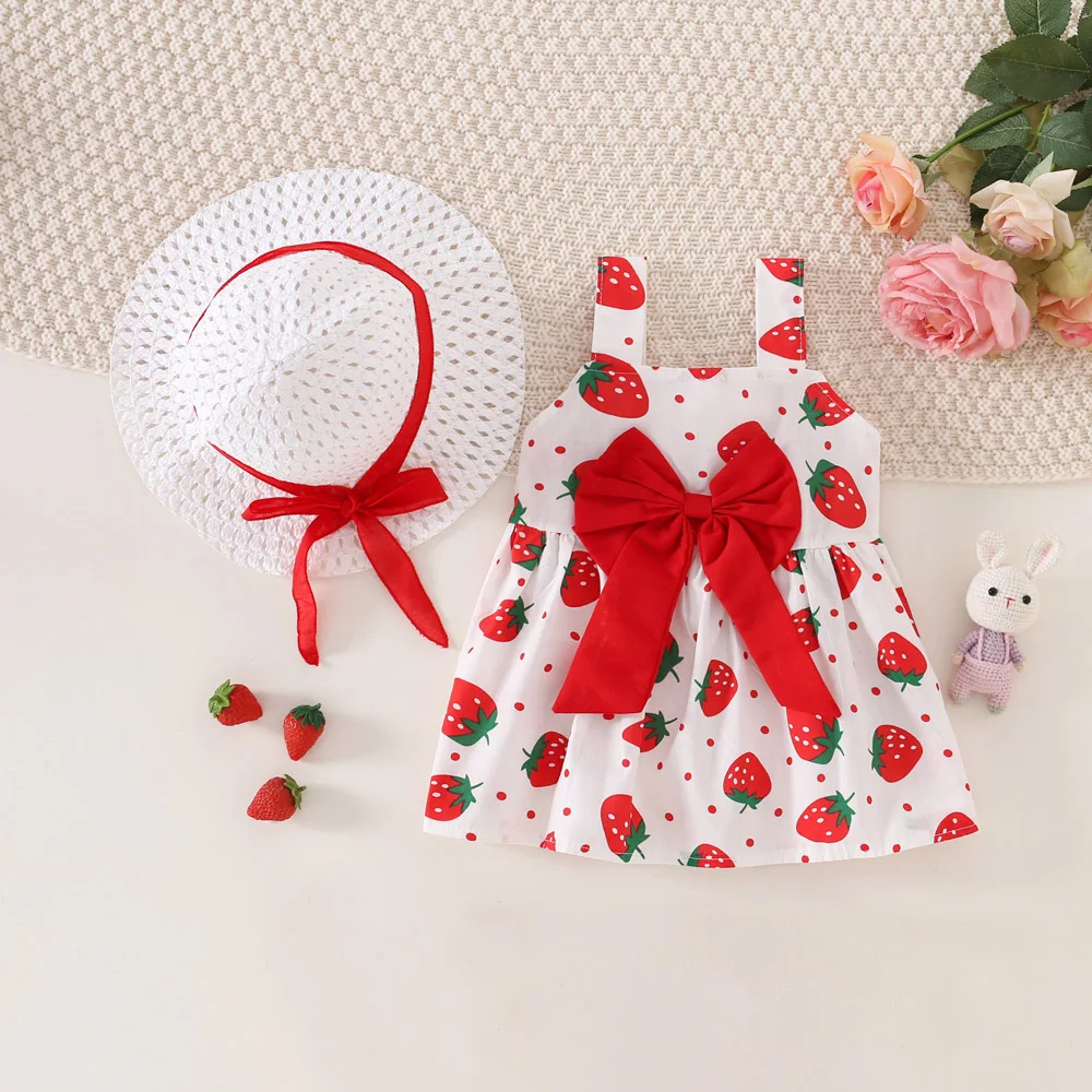 Summer Baby Girl Dress Hat 2/Piece Set Girls\' Small Round Dot Strawberry Printed Front Bow Daily Casual Dress