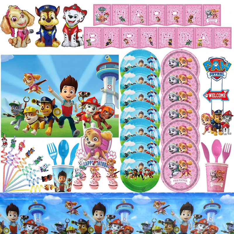 Paw Patrol Birthday Party Decoration Party Supplies Pink Paper Cups Plates Tableware Set  Dog Digit Balloons For Kids Baby Gifts