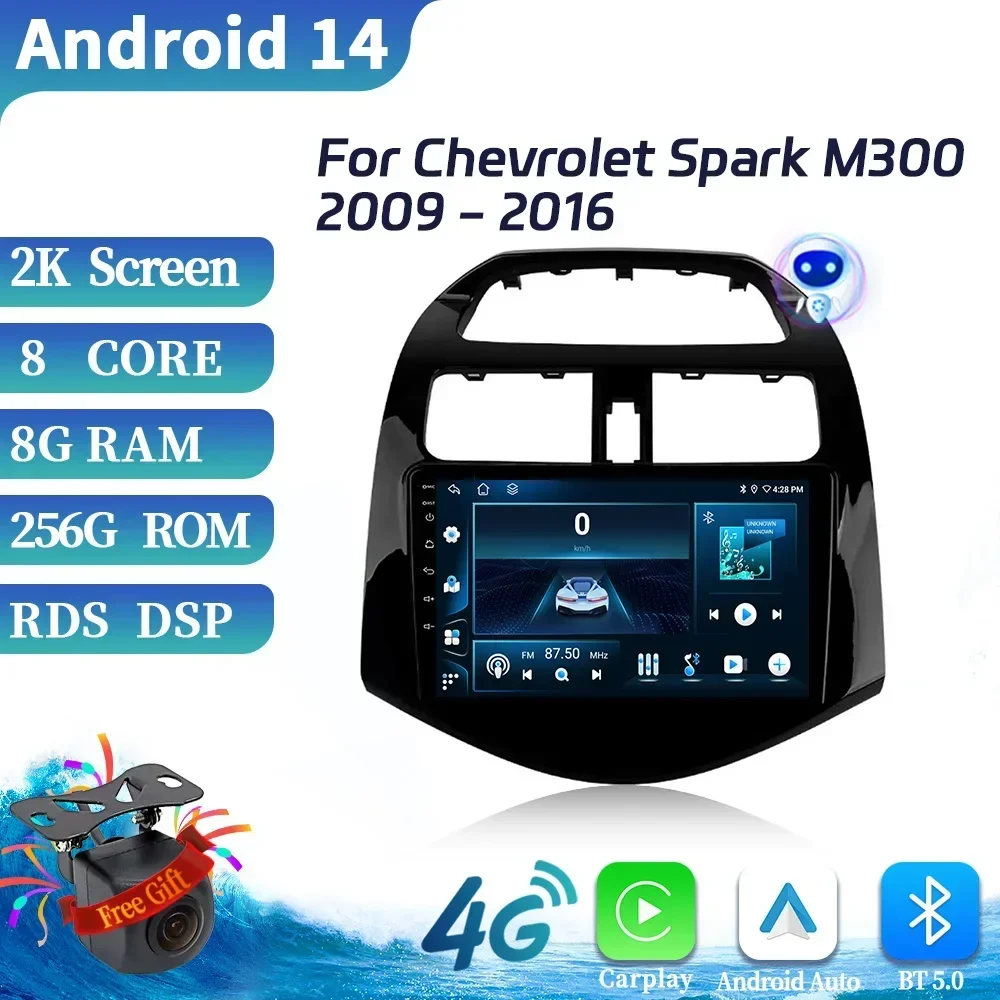 For Chevrolet Spark M300 2009-2016 Android 14 Car Radio Wireless Multimedia Wireless BT Carplay Navigation 4G GPS Screen Stereo