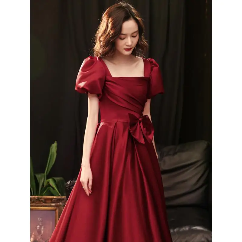 Square Neck Bubble Sleeves A Version Wine Red Satin Dress Retro Princess Petite  Customized   Wedding Dress