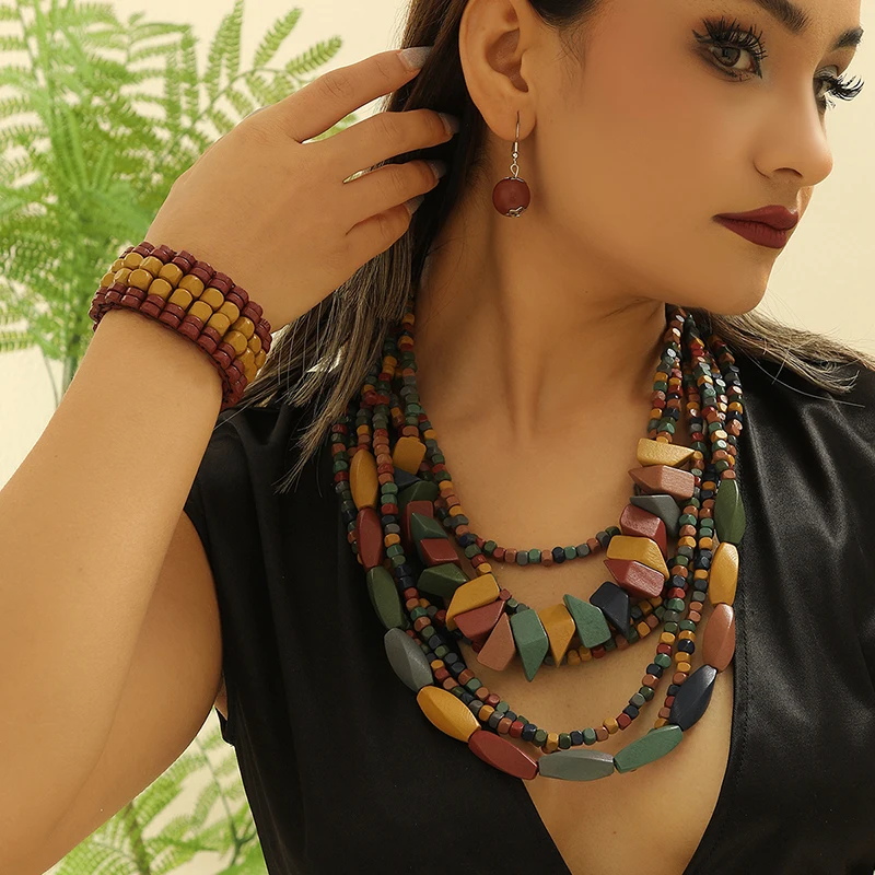 Multi Layer Handmade Wood Beads Necklace Earrings Bracelet Jewelry Set Vintage Color Statement Collar Boho Beads Long African J