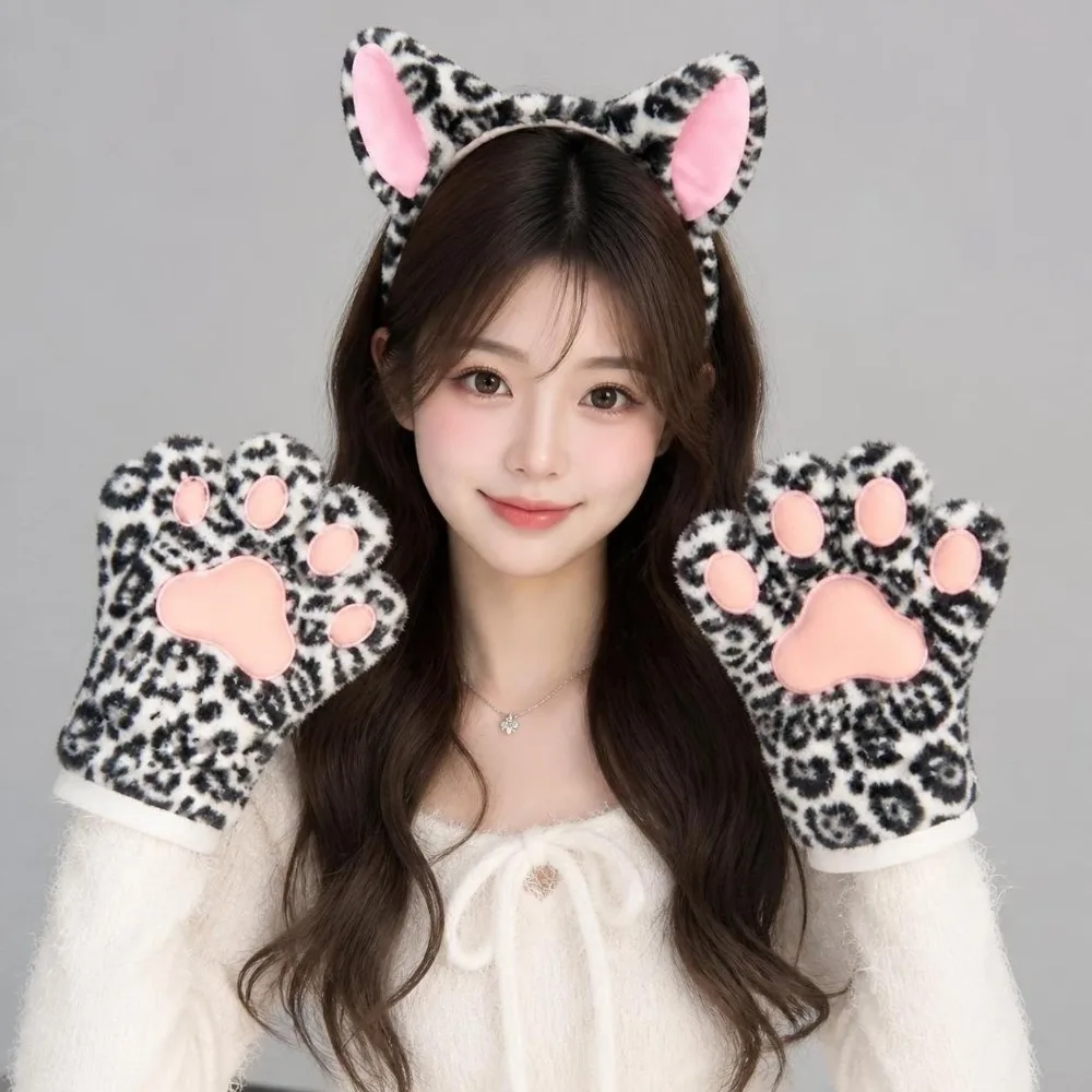 Leopard Print Cat Cosplay Props Halloween Cartoon Design Cat Paw Gloves Furry Beast Claw Cat Ears Headband Fancy Dress Party