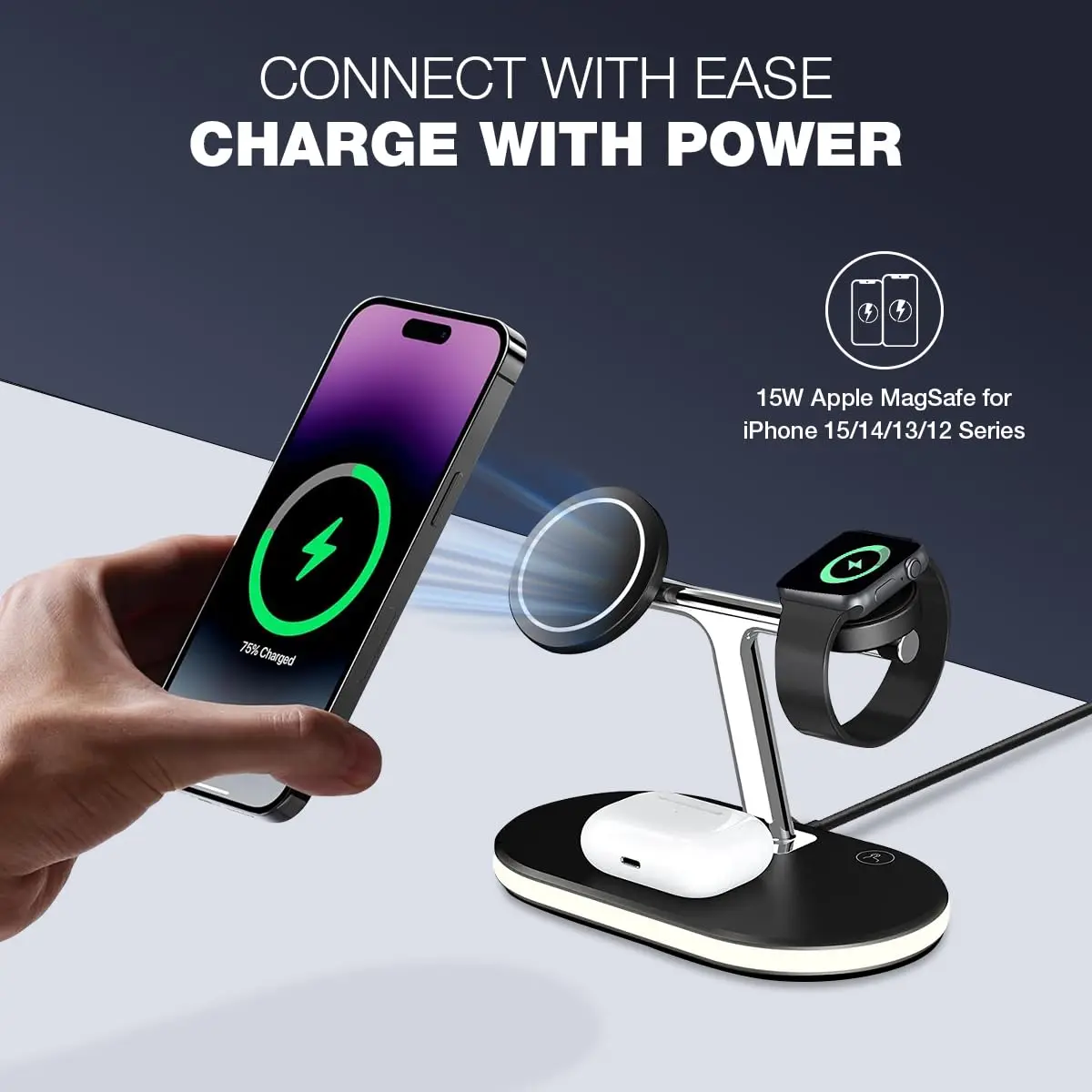 MAGTEC 300 | 4 in 1 Magnetic Wireless Charger [with QC 18W Adapter] | for iPhone 15,14,13 & 12 Series | iWatch 2 3 4 5 6