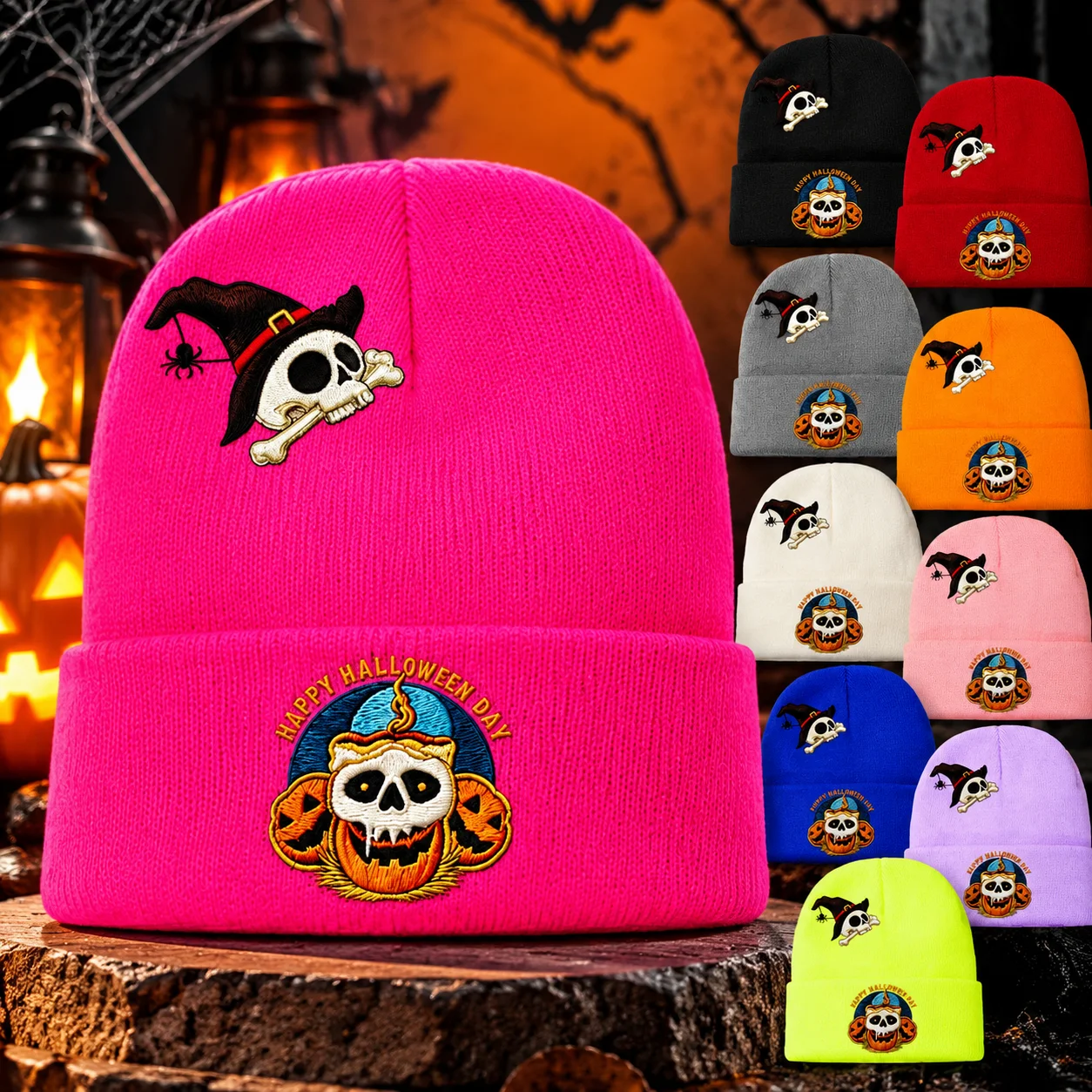 Halloween Skull Pumpkin Bean Hat, Neutral Printed Knitted Winter Hat, Gothic Cudged Hat, Fun Holiday Costume Accessories