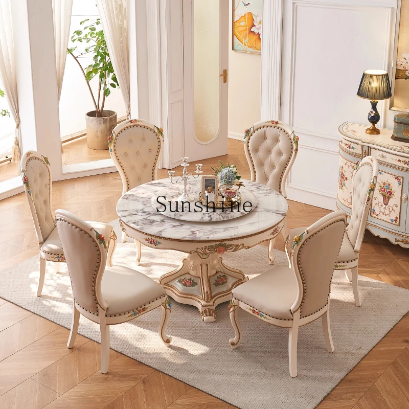 

European French painted flower large apartment all solid wood household 6/8 people luxury round dining table
