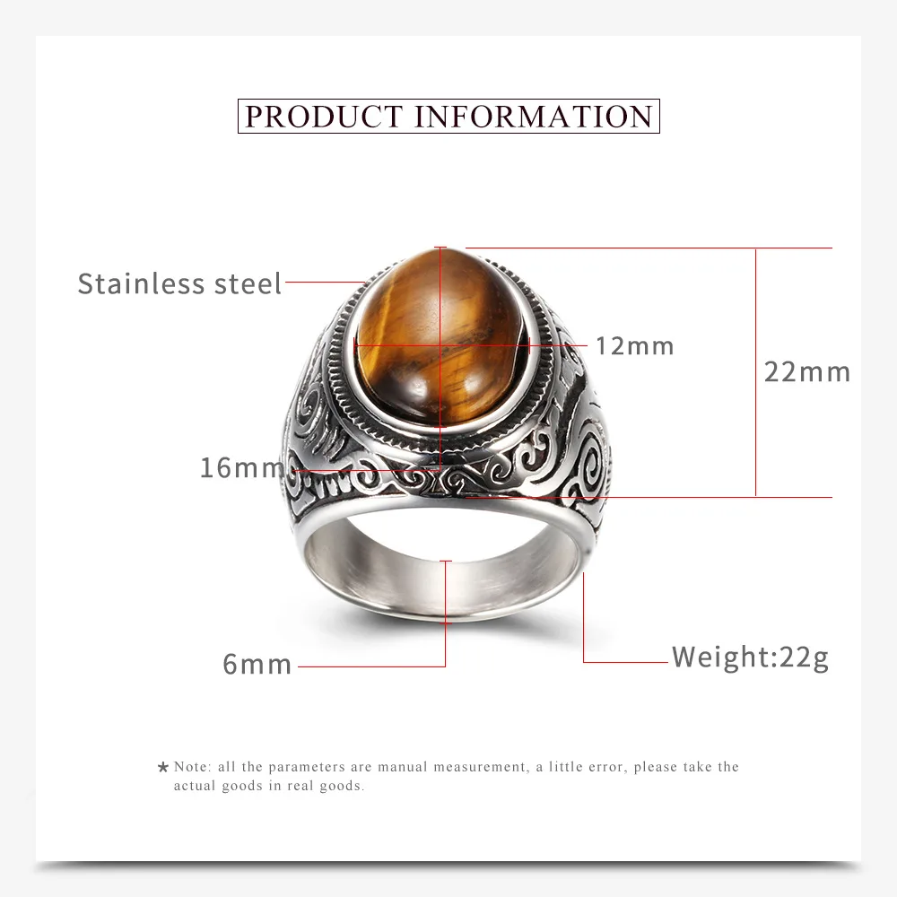 HNSP 316L Stainless Steel Natural Stone Vintage Ring For Men Women Tiger Eyes Black Stone Jewelry Accessories