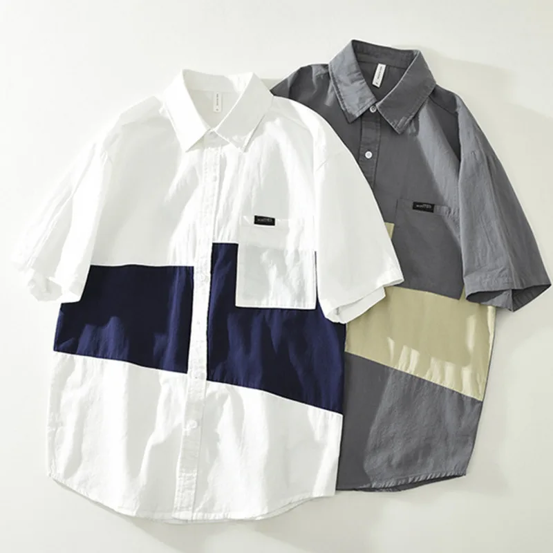 Japanese Style Patchwork Short Sleeve Shirt for Men Casual Loose Fit Bohemian Streetwear 100% Cotton Comfortable Daily Wear Top